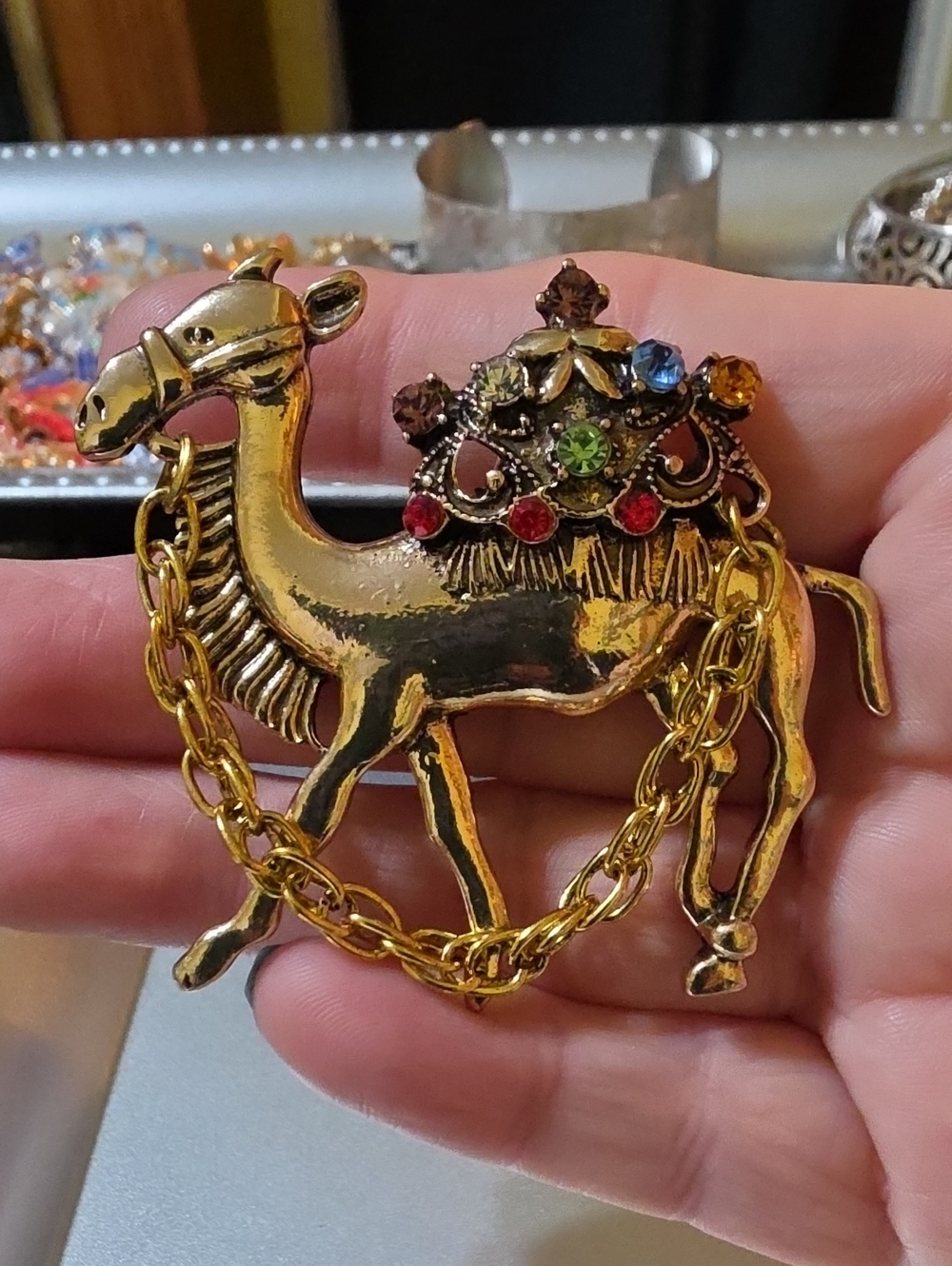 A48- Gold Camel Brooch with Multicolor Stones